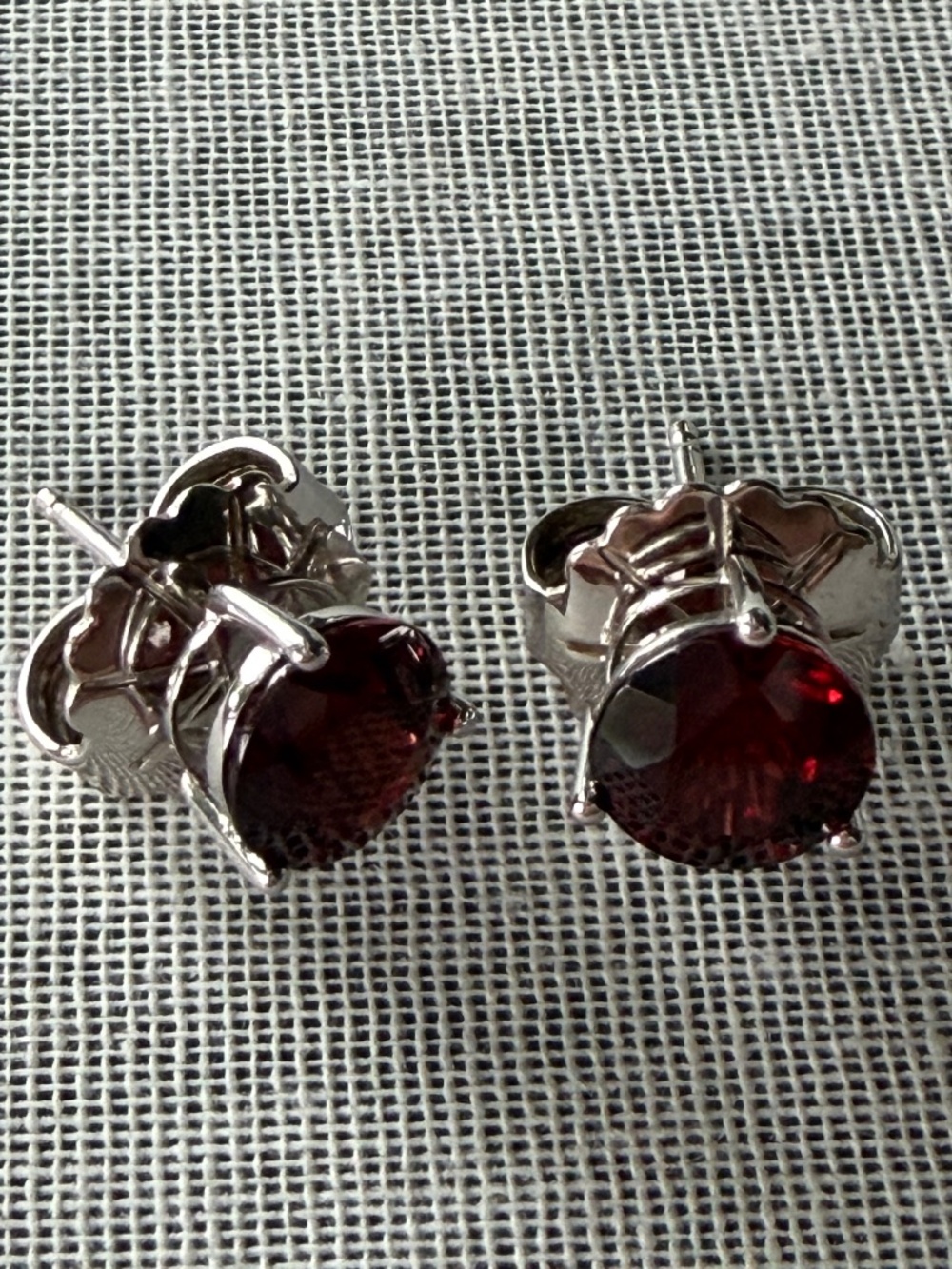 14K White Gold Deep Red Gemstone Stud Earrings | Large Faceted Round Stones